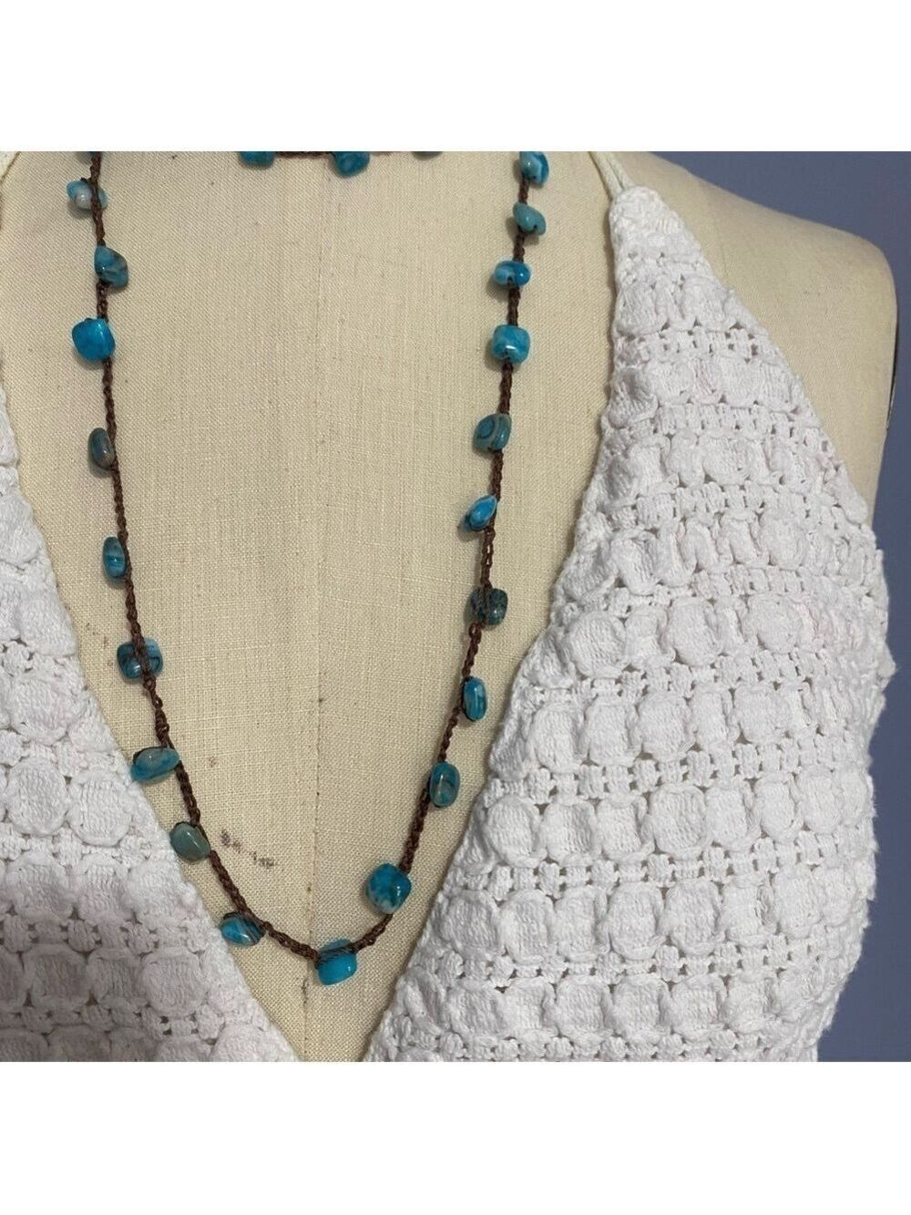 Turquoise Beaded lariat Necklace handmade crochet strand